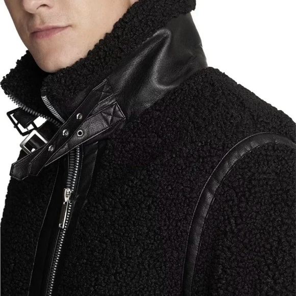 Karl Lagerfeld Paris Men Black Faux Shearling Aviator Jacket - Picture 4 of 13